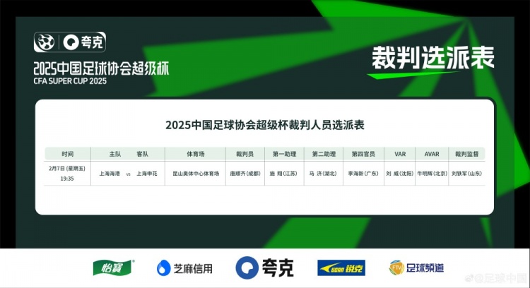  超級杯海港vs申花裁判員名單：主裁判唐順齊，VAR劉威