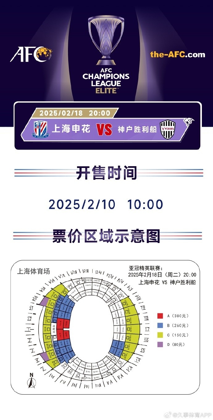  上海申花vs神戶勝利船票務方案：明日開售，票價區(qū)間80元-380元
