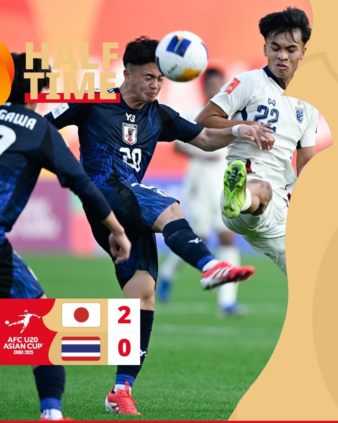  半場-日本U20 2-0領(lǐng)先泰國U20，石井久繼破門+中柱 泰國0射正