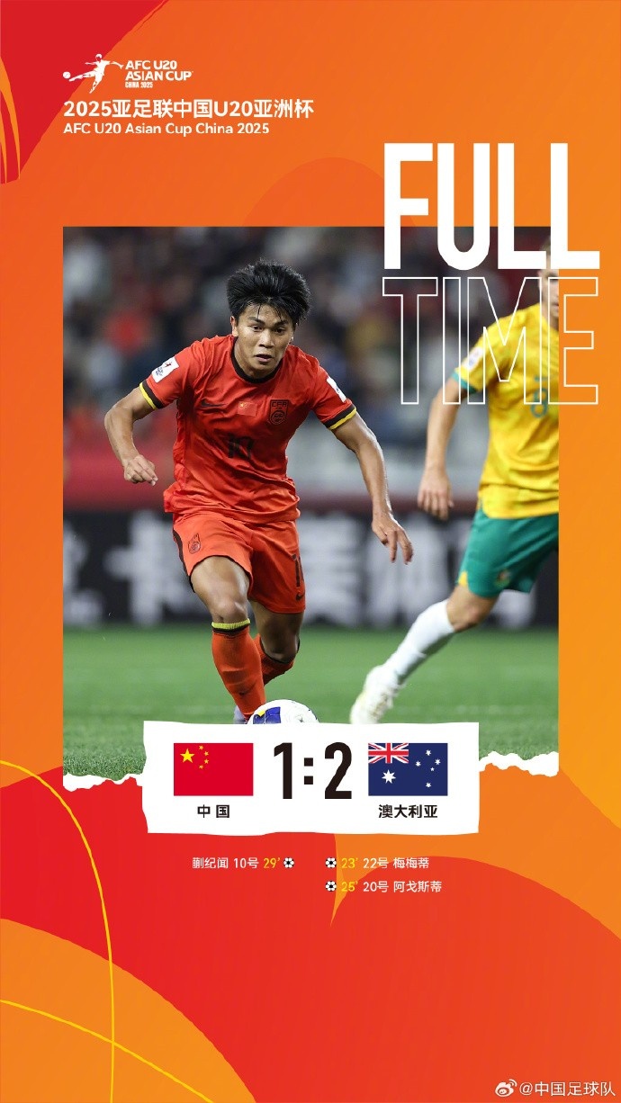  U20亞洲杯小組賽A組第三輪，中國隊(duì)1比2負(fù)于澳大利亞隊(duì)